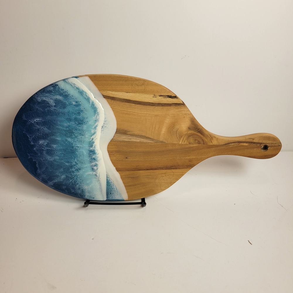 Handmade Resin Ocean Wave Wood Charcuterie Cheese Board Coastal Serving Tray